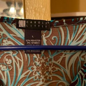 Polyester spandex mix brown aqua white colored blouse.